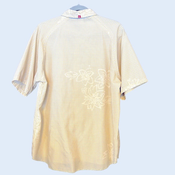 Vintage OP Yellow Polyester Plaid Short Sleeve Shirt  with Floral imprint Mens M - Picture 13 of 13